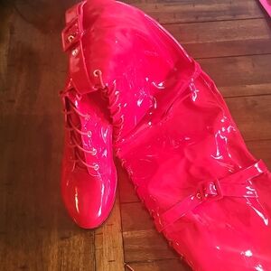 Red Patent Lace-Up Knee-High Boot